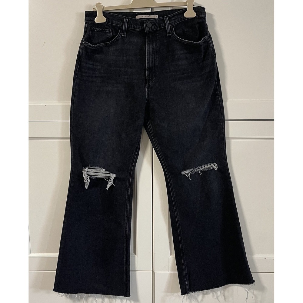Hudson Jodie High Rise Cropped Flare Jeans Faded Noir Distressed Black Size 32 - Picture 1 of 7